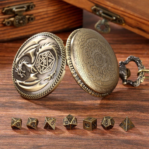 Mini DND Dice Set Steampunk Dragon Pocket Watch Shell Case, 7pcs Polyhedral Metal D&D Dice Set, Dungeons and Dragons Gifts with Gift Box for Men W...