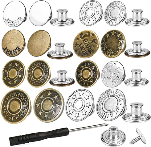 32 Sets Jeans Buttons Replacement, 17 mm and 20mm No-Sew Removable Metal Buttons Replacement Repair Combo Thread Rivets and Screwdrivers in Storag...