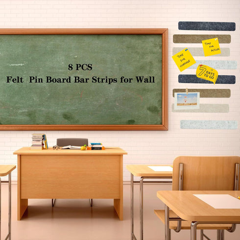 8Pcs Bulletin Board Strips,Black Brown Gray Felt Pin Board Bar Strips with 50 Pushpins, Self-Adhesive Felt Cork Board Strips for Wall to Display Y...