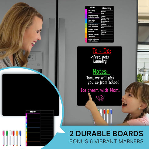 Magnetic Dry Erase Blackboard Set: Black Board for Home, Office & Classroom (11.5x15"), Menu Board for Kitchen Fridge/Family Meal Planner (7x9”), ...