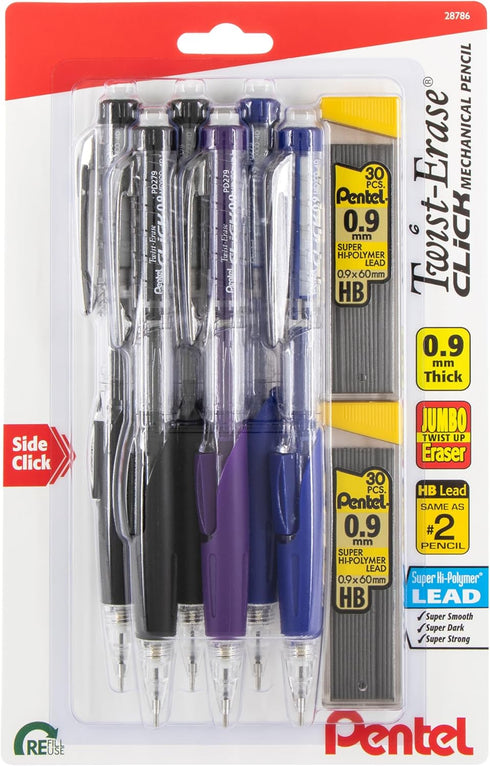 Pentel Twist-Erase Click Mechanical Pencils, (0.9mm), Pack of 6 Pencils + 2 Lead Refills...