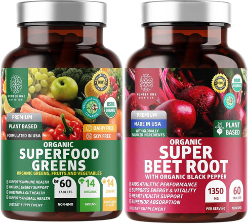 Number One Nutrition N1N Premium and Organic Superfood Greens and Beet Root Tablets for Immunity and Antioxidant Support, Packed with Alfalfa, Spi...