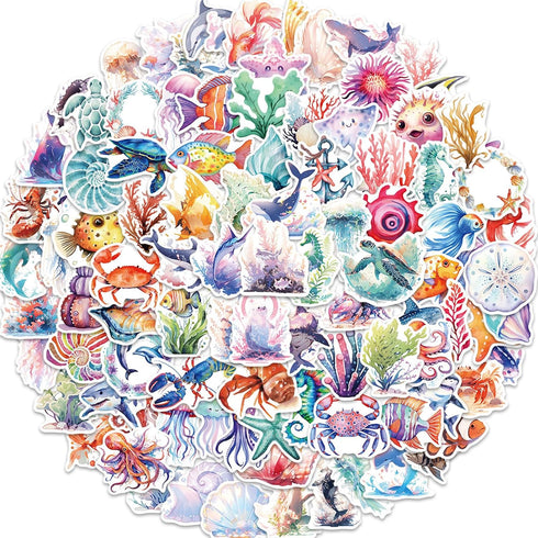 100PCS Ocean Stickers, Cute Sea Creature Aesthetic Decals Vinyl Waterproof Stickers for Water Bottle Laptop Luggage Helmet Skateboard Snowboard Gu...