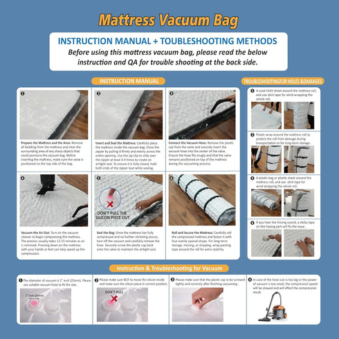 Queen/Full/Full-XL Foam Mattress Vacuum Bag with Blue Zipper, Mattress Storage Bag...