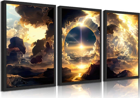 3pcs Natural Landscape Wall Art Modern Wall Decor Pictures Sunset, Sky, Clouds, Mountains And Rivers Posters Prints Canvas Paintings for Living Ro...