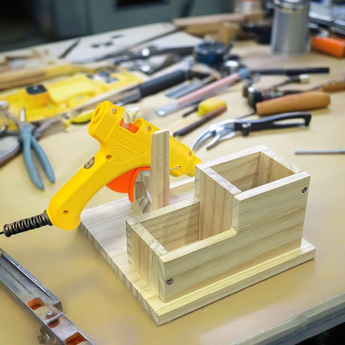 Mini Hot Glue Gun Holder with Glue Stick Organizer, 1 Hot Glue Gun Stand and 2 Storage Boxes, Wooden Hot Glue Gun Kit Storage Compartments, for DI...