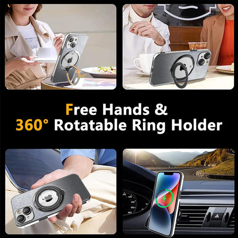 for iPhone 15 Plus Case Glitter with Rotatable Ring Stand Compatible with MagSafe, Plating Bling Clear Case with Camera Lens Protector Slim Phone ...