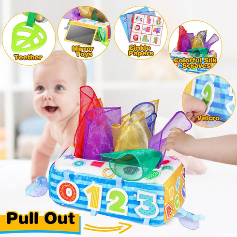 Baby Tissue Box Toy, Soft Montessori Tissue Box Baby Toys 6 to 12 Months, High Contrast Crinkle Paper Sensory Silk Scarves Toys for 1 Year Old Boy...