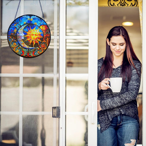 Stained Glass Suncatcher, 8'' Sun and Moon Face Hand-Painted Suncatcher for Window Stained Glass Window Hanging Birthday Gift for Mom Memorial Gif...