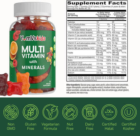 YumVs Kids Multivitamin Gummies - Fruit Flavored Chewable Children's Multivitamin - Kids Vitamins Multivitamin Gummy with 12 Minerals & Vitamins A...