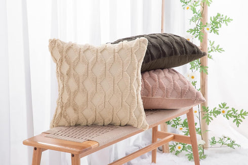 MADIZZ Set of 2 Soft Plush Short Wool Velvet Decorative Throw Pillow Covers 16x16 inch Khaki Square Luxury Style Cushion Cases Pillow Shell for So...