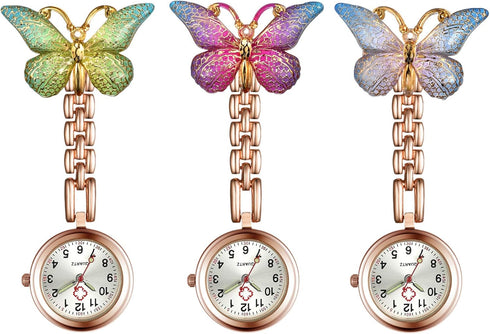 1-3 Pack Women Girl Butterfly Brooch Nurse Watch Pin-On with Secondhand Stethoscope Lapel Fob Pocket Badge Watches for Doctor Nurse Easy to Read...