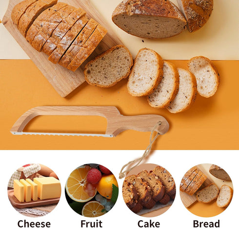 Bread Slicer for Homemade Bread,16" Wooden Bread Bow Knife Serrated Slicer, Premium Stainless Steel Serrated Saw Sourdough Bread Cutter for Bagels...