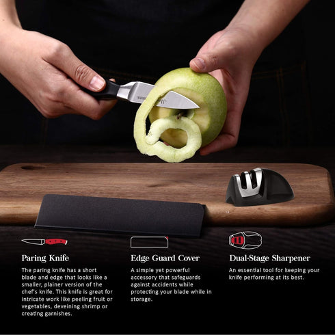 Master Maison 3.5" Professional German Stainless Steel Paring Knife Set w/Dual Sharpener & Edge Guard - Peeling Chef Kitchen Set - Kitchen Pairing...