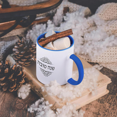 3dRose Shana Tova-Happy New Year in Hebrew-Jewish Rosh Hashanah Good Wish Two Tone Mug, 11 oz, Blue...