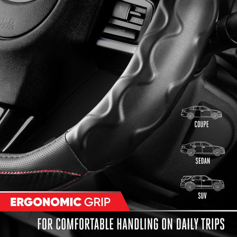 Motor Trend Redline D-Shaped Steering Wheel Cover - Premium Flat Bottom Car Steering Wheel Cover, Black Faux Leather Sterring Wheel Cover, Standar...