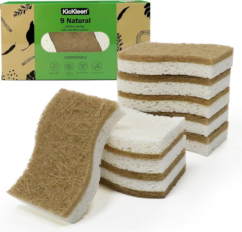 9 Pack Biodegradable Natural Kitchen Sponge - Compostable Cellulose and Coconut Walnut Scrubber Sponge - Eco Friendly Sustainable Sponges for Dish...