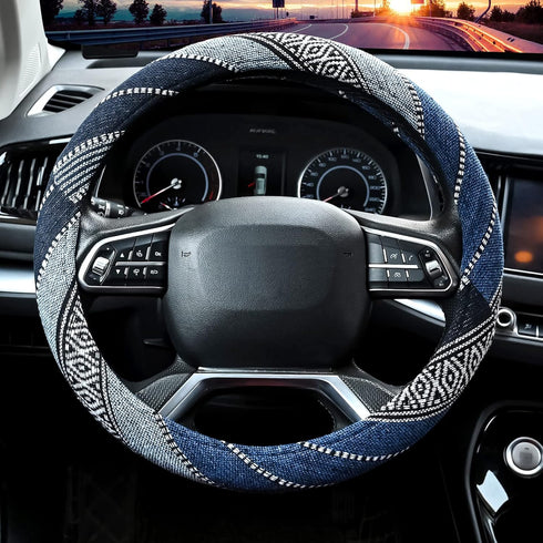Valleycomfy Cloth Steering Wheel Covers for Women Bohemian Universal 15 inch Baja Blanket Enthic Blue...