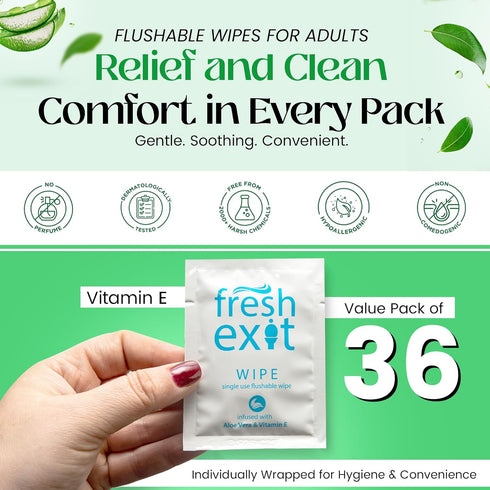 Flushable Wipes for Adults – 36 Individually Wrapped Biodegradable Wet Wipes, Travel Size, Extra-Large Unscented, hypoallergenic – Feminine Hygien...