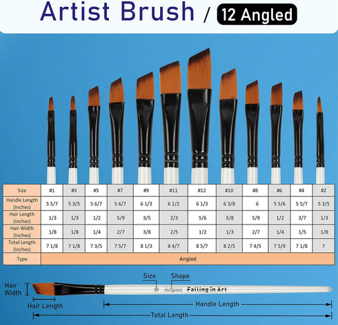 Falling in Art Paint Brushes Set, 12 PCS Nylon Professional Angled Paint Brushes for Watercolor, Oil Painting, Acrylic, Face Body Nail Art, Crafts...