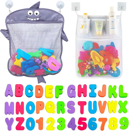 Comfylife Baby Bath Toy Organizer - Shark +36 Bath Letters & Numbers +Extra Bath Toy Storage Net & 10 Strong Hooks, Great Bath Net for Kids, Cute ...