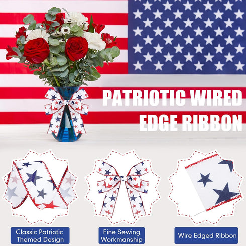 Xunyee 2 Rolls 20 Yards Red White Blue Ribbon Independence Day Stars Wired Edge Ribbon Fabric Patriotic Flag 4th of July Patriot Day Labor Day Rib...