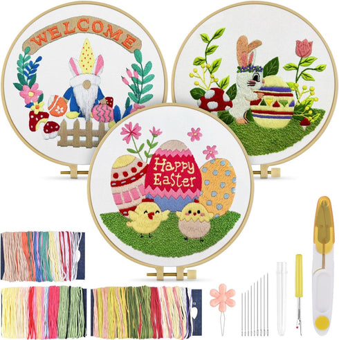 TINDTOP Embroidery Kit for Adult Beginners, 3 Sets Embroidery Stitch Practice kit Include Embroidery Cloth Hoops Threads for Craft Lover Hand Stit...