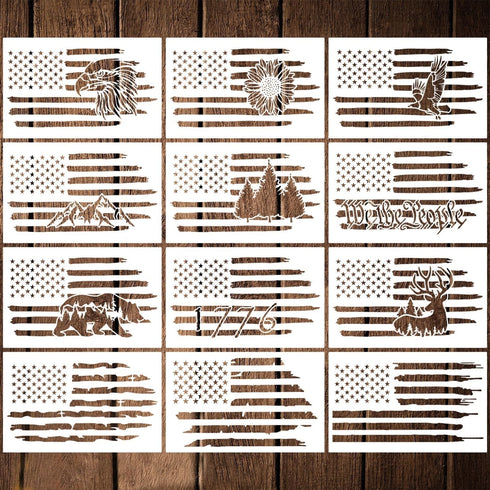 12 Pcs American Flag Stencils, We The People Flag Stencil Sunflower Eagle Mountain Bear Deer 1776 American Flag Templates for Painting on Wood Wal...
