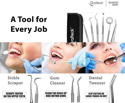 Dental tools Cleaning Kit Premium German Stainless Steel Plaque Cleaner, Tartar Remover, 6 Pieces Oral Care Instruments with Case Suitable for Adu...