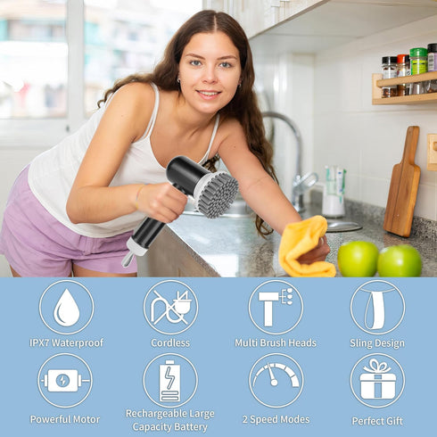 Electric Spin Scrubber, Cordless Shower Scrubber with 3 Replaceable Brushes, Waterproof Power Scrubber for Cleaning Bathroom, Kitchen, Floor, Rech...