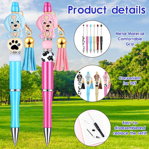 Teling 12 Pcs Beadable Pens Plastic Black Ink Ballpoint Pen with Assorted Spacer Beads Silicone Beads and Tassels and 12 Pcs Lobster Clasps for Of...