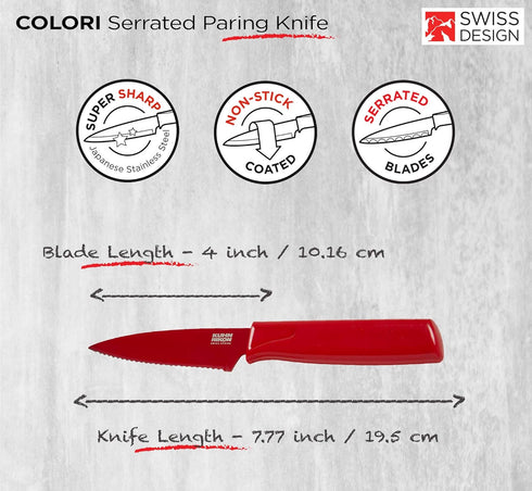 Kuhn Rikon COLORI Non-Stick Serrated Paring Knife with Safety Sheath, 4 inch/10.16 cm Blade, Red...