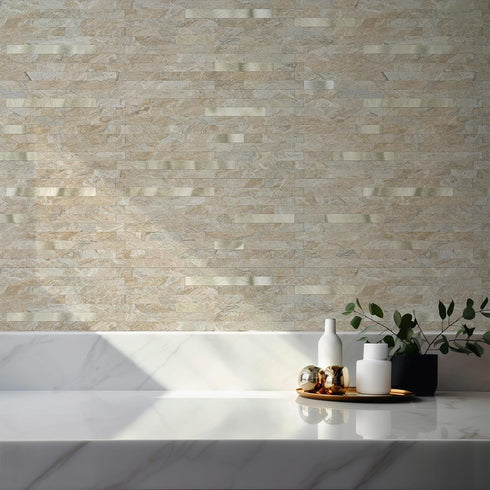 2 Sheets Peel and Stick Backsplash for Kitchen, Sandstone with Metal Gold Look Stick on Tile Upgrade Your Kitchen Backsplash, RV, Fireplace...