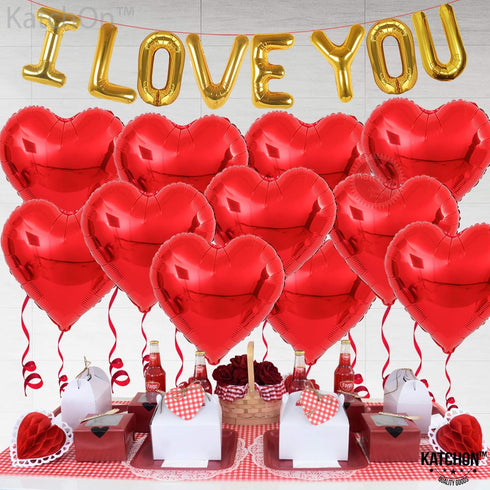 KatchOn I Love You Balloons Set - 18 Inch, Pack of 18 | Foil Red Heart Balloons for Valentine's Day Decorations...