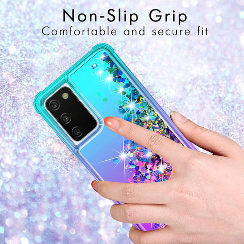 for Galaxy A03S Case,Samsung 03S Case with HD Screen Protector,Gradient Quicksand Glitter Liquid Floating Waterfall Durable Girls Cute Phone Case ...