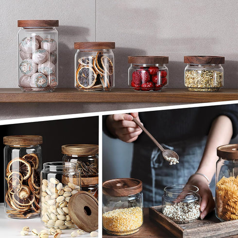 720ML/24Oz Clear Cute Glass Storage Canister Holder with Stackable Airtight Wood Lid, Modern Decorative Container Jar for Coffee, Spice, Candy, Sa...