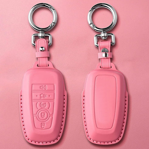 Tukellen for Ford Leather Key Fob Cover with Keychain Compatible with Ford Explorer Mustang Fusion Escape F150 F250 F350 F450 F550 Edge-Pink...