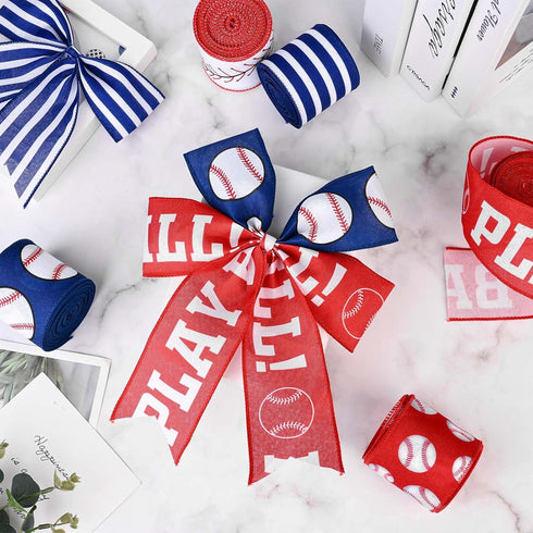 5Rolls Baseball Wired Edge Ribbon 2.5 Inch Red Blue White Sports Ball Pattern Fabric Ribbon for Wreath Bow Making for Sport Themed Birthday Party ...
