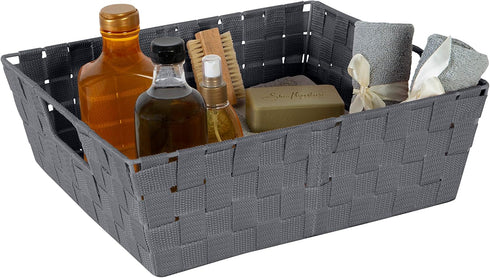 Simplify Large Shelf Woven Strap Tote, Decorative Storage Basket, Built in Handles, Organizing Accessories, Drawers, Desks, Closets, Bathroom, Bed...