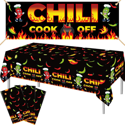 Chili Cook Off Decorations, 71" x 24" Chili Cook Off Banner, 3 Pcs Chili Pepper Plastic Tablecloth Table Cover 53" x 108", Mexican Fiesta Chili Co...
