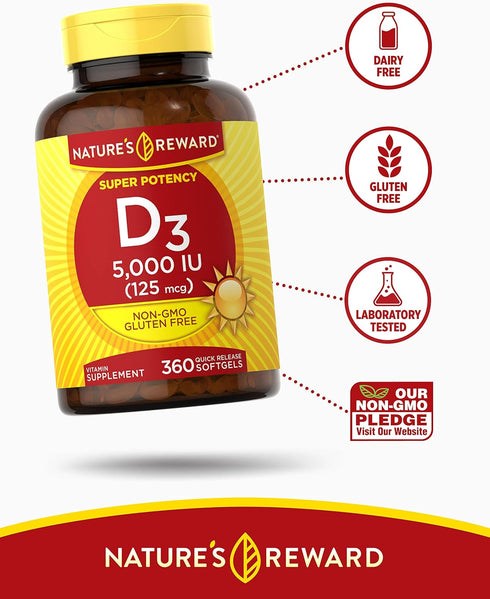 Nature's Reward Vitamin D3-5000 IU - 360 Softgels - Non-GMO & Gluten Free Supplement...