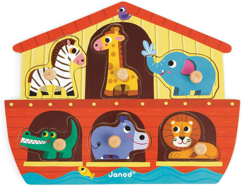 Janod 6 Piece Noah’s Ark Puzzle Themed Wooden Peg Colorful Jigsaw Puzzle - Encourages Shape Recognition, Dexterity, and Language Development - Pre...