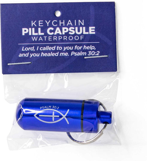 Blue Pill Case Keychain, Waterproof Metal Travel Container for Medicine Storage, Small Empty Organizer Bottle with Christian Jesus Fish, Cross, & ...
