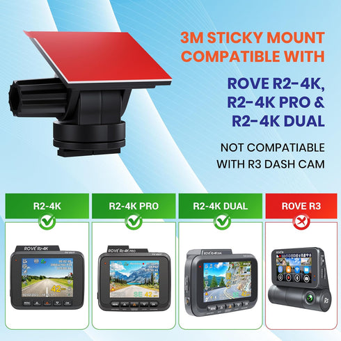 ROVE 3M Sticky Mount for R2-4K, R2-4K PRO and R2-4K Dual Dash Cams | 1x 3M Adhesive Mount | 1x Spare 3M Sticky | 1x Electrostatic Film...