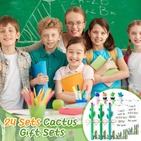 24 Sets Back to School Gifts for Student Cactus Pens Motivational Pen with Inspirational Cards Pots Plant Pens First Day of School Stationery Supp...