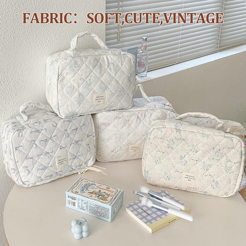 Large Quilted Makeup Bag,Travel Coquette Cosmetic Bag, Aesthetic Cute Floral Toiletry Organizer skincare Bag for Women Girls,Elegant Makeup Essent...
