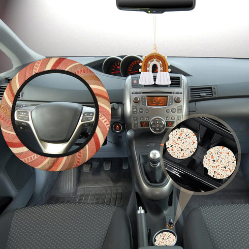 7 Pcs Boho Car Accessories Sets Include Boho Steering Wheel Cover 15" Absorbent Car Cup Holder Mat Rainbow Retro License Plate Frames Seat Belt Co...