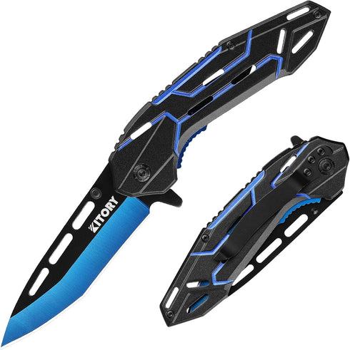 3.3" Pocket Knife, Folding Knife, 8Cr15MoV Stainless Steels Blade, Aluminum Alloy Handle, Blue Devil Design, 2024 Outdoor Gadget Gift...