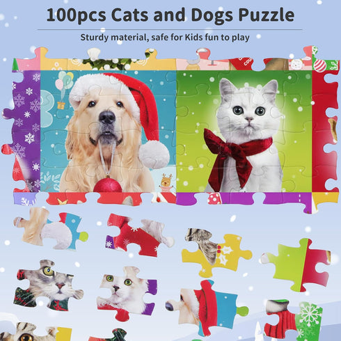 100 Piece Puzzles for Kids Ages 4-8 8-10, Christmas Puzzle Dogs and Cat Puzzles, Holiday Jigsaw Puzzles for Kids Adults, Puzzles for Kids Ages 3-5...