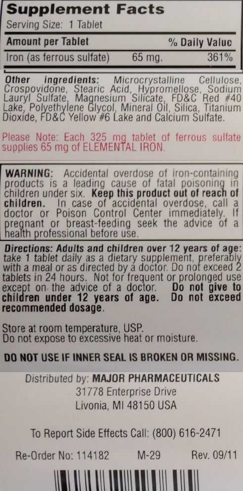 Ferrous Sulfate FC 325mg (5GR) Generic for Feosol Red Tablets 100 Tablets per Bottle 2 PACK Total 200 tablets...